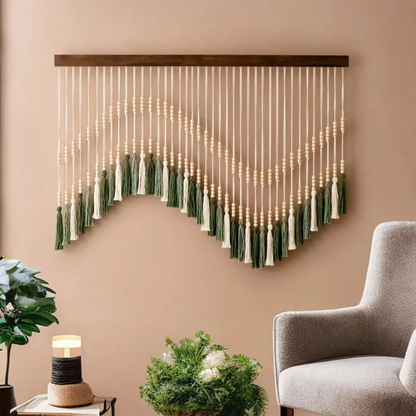 Décoration murale bohème macramé vert sauge perles bois Savia — vue principale