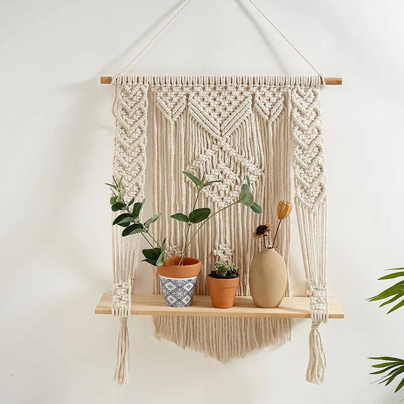 Handwoven Knot Wall Shelf Bohemian Macrame Cotton Rope Hanging Shelf Nordic Rustic Home Decor Storage Shelf Décorations macramé