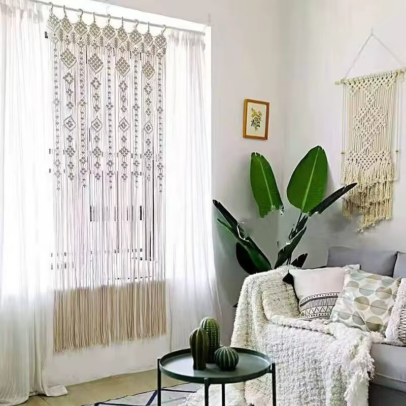Hand-woven Macrame Cotton Door Curtain Tapestry Wall Hanging Art Tapestry Boho Decoration Bohemia Wedding Backdrop Tapestry Décorations macramé