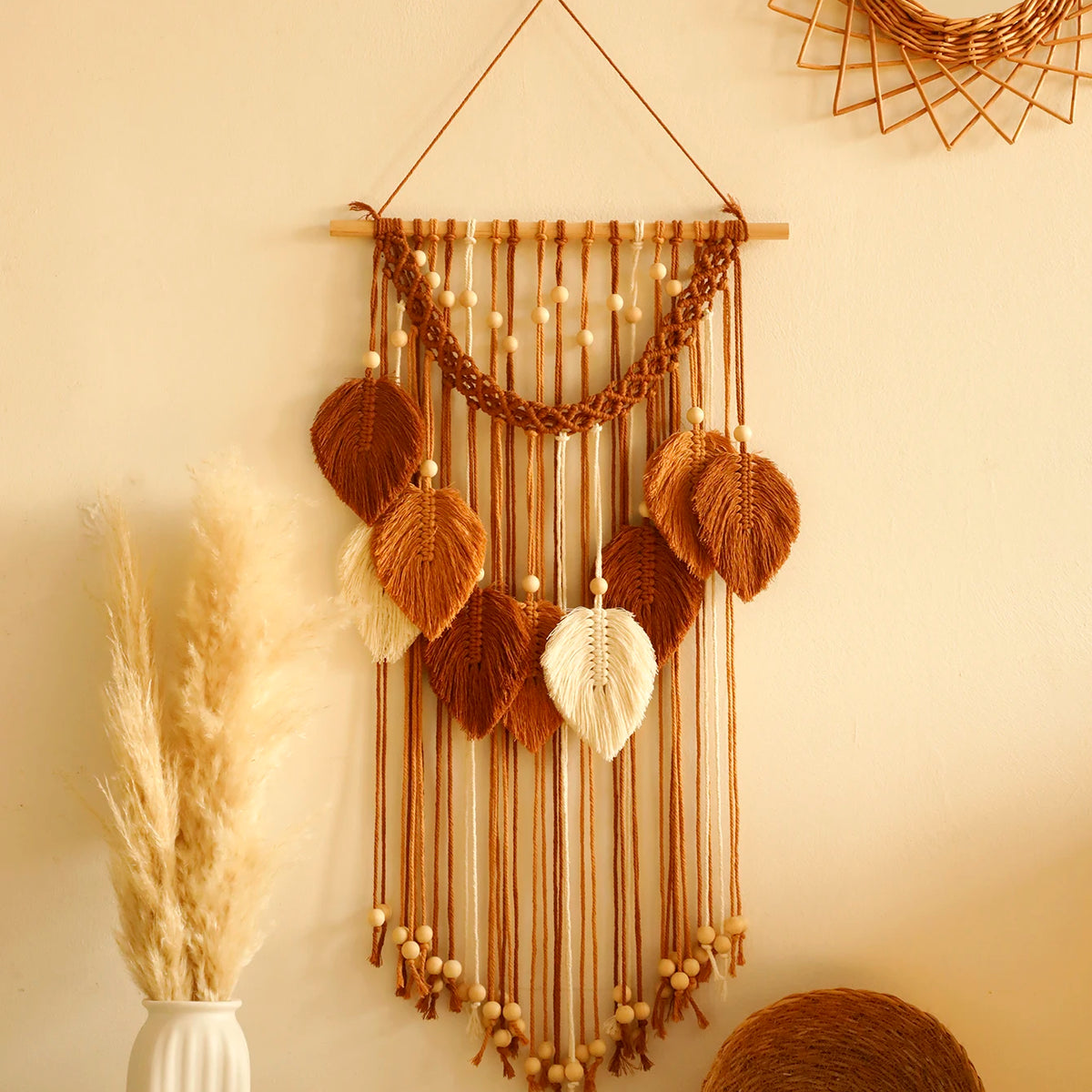 Leaf Macrame Tapestry Brown Green Wall Tapestry Boho Home Decoration Macrame Wall Hanging Home Living Room Decors Aesthetic Gift Décorations macramé