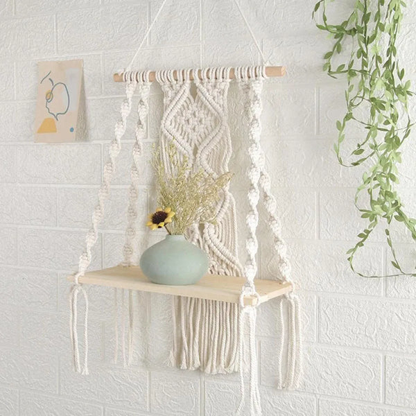 Boho Chic Macrame Wall Hanging Shelf,Woven Rope Plant Hanger for Bedroom & Bathroom Decor,Versatile Storage Solution Décorations macramé