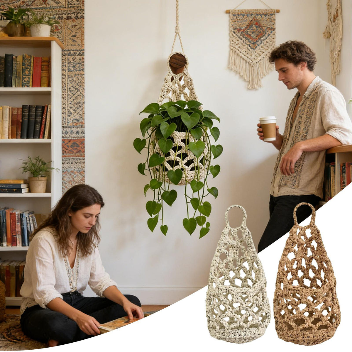 Salon bohème avec un cache pot en filet de coton et une plante, et en médaillon les deux coloris blanc cassé et brun naturel