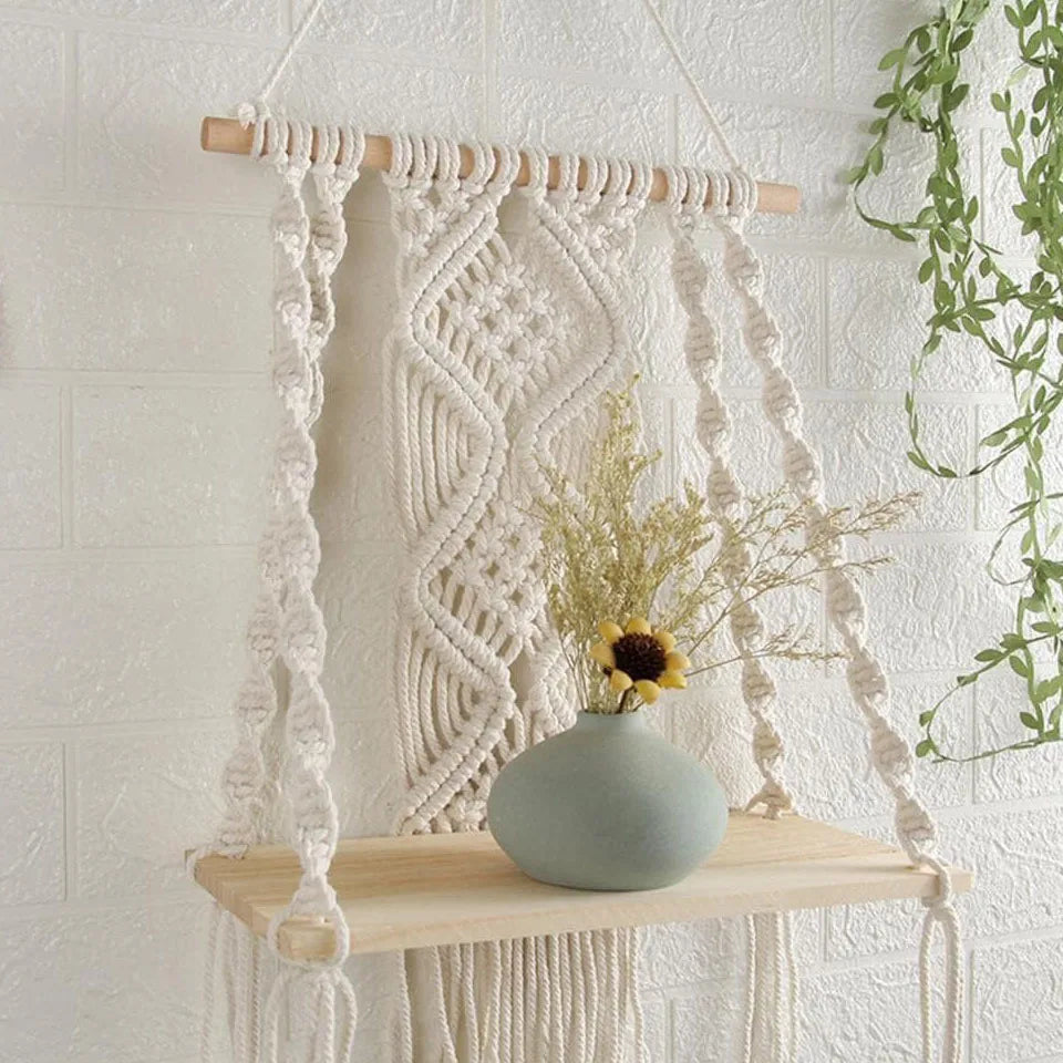 Boho Chic Macrame Wall Hanging Shelf,Woven Rope Plant Hanger for Bedroom & Bathroom Decor,Versatile Storage Solution Décorations macramé