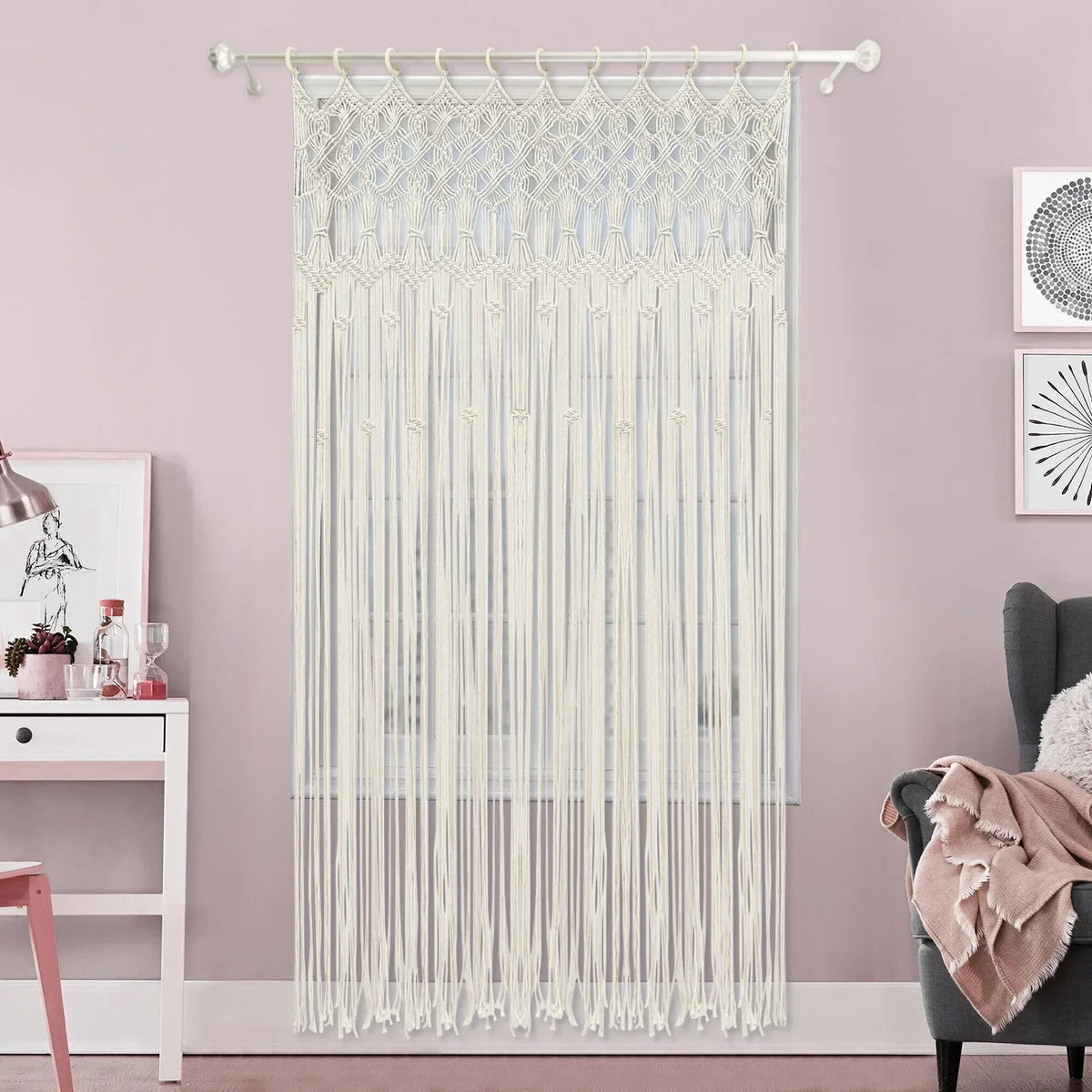 Handmade Macrame Door Curtain in Boho Style, 120x195 cm, Thread Curtain Boho Curtain for Balcony Door Window, Decor for Bedroom Décorations macramé