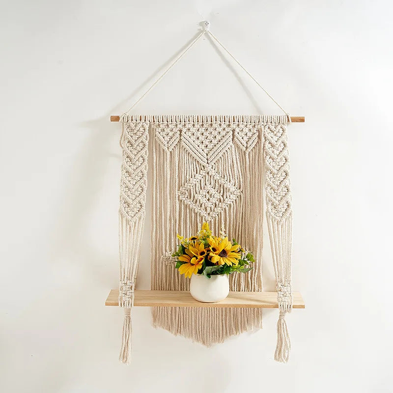 Handwoven Knot Wall Shelf Bohemian Macrame Cotton Rope Hanging Shelf Nordic Rustic Home Decor Storage Shelf Décorations macramé