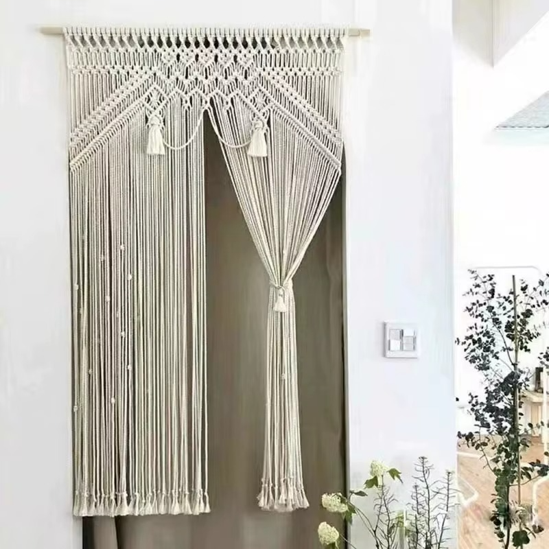 Rideau macramé grande largeur coton naturel 115 × 200 cm | Kheïma Décorations macramé
