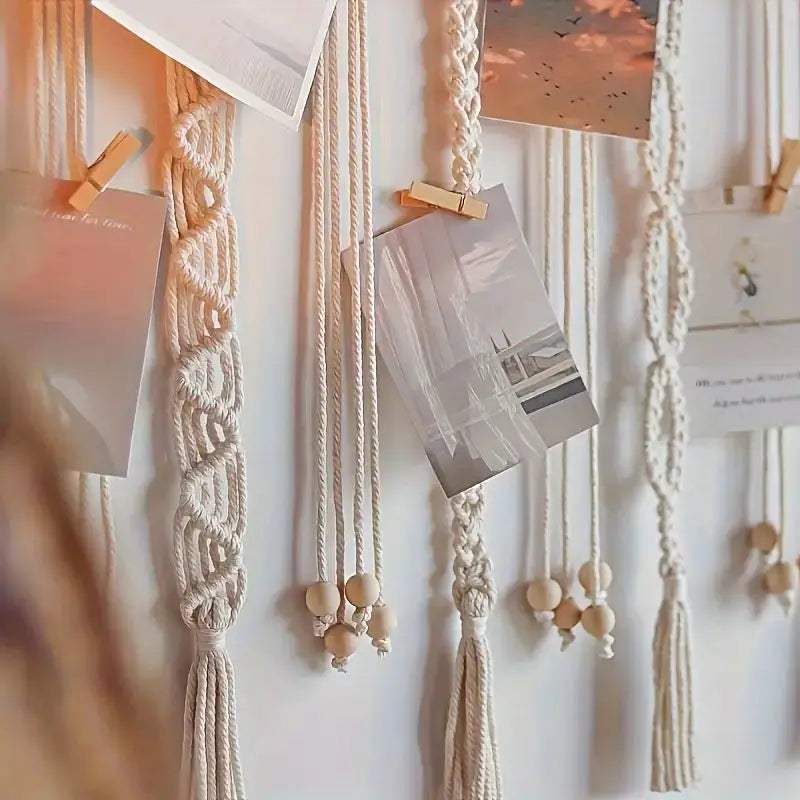 Boho Photo Display Clip Handmade Exquisite Tassel Wall Hanging Decoration Photograph Storage Tool With 20 Wooden Clips Décorations macramé