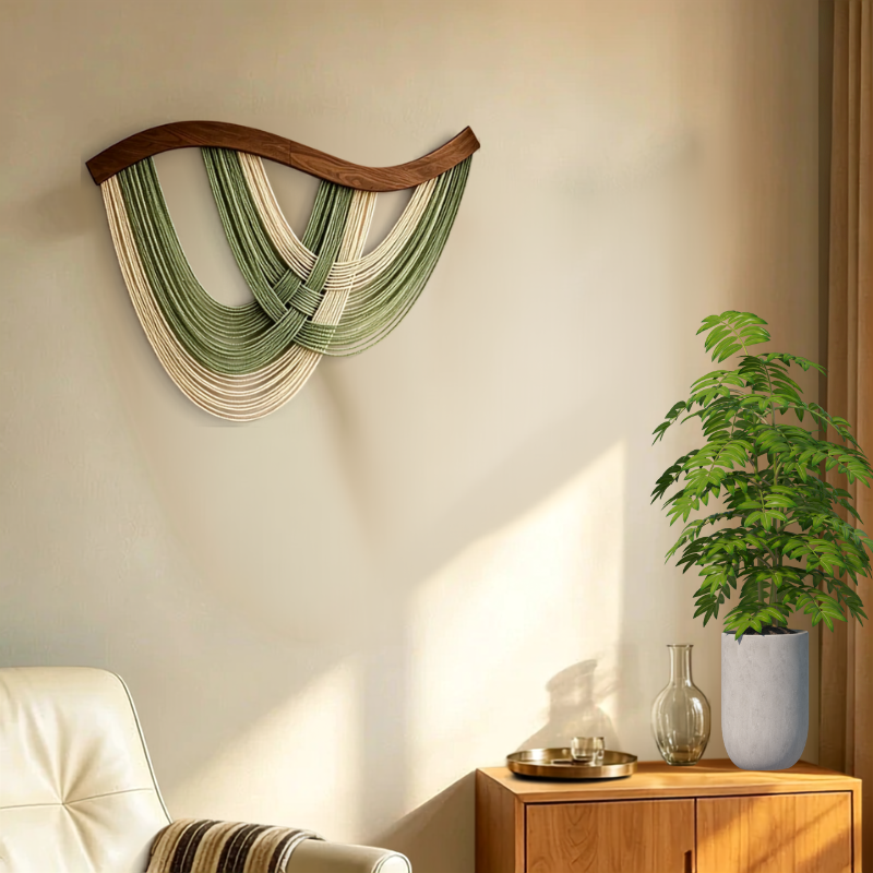 Décoration murale bohème macramé fils drapés barre courbée | Drapa Décorations macramé
