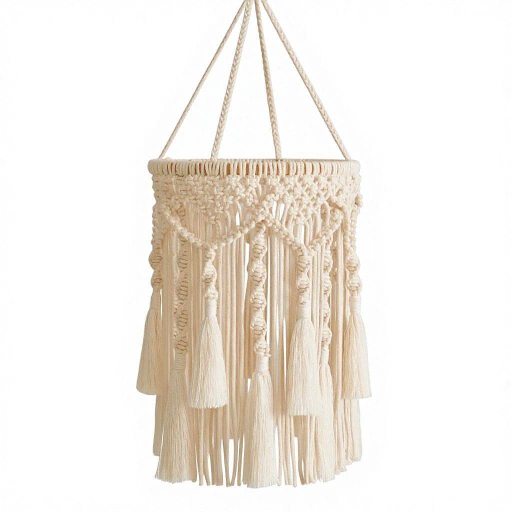 Abat-jour macramé Aura allumé en salon, ambiance lumineuse bohème