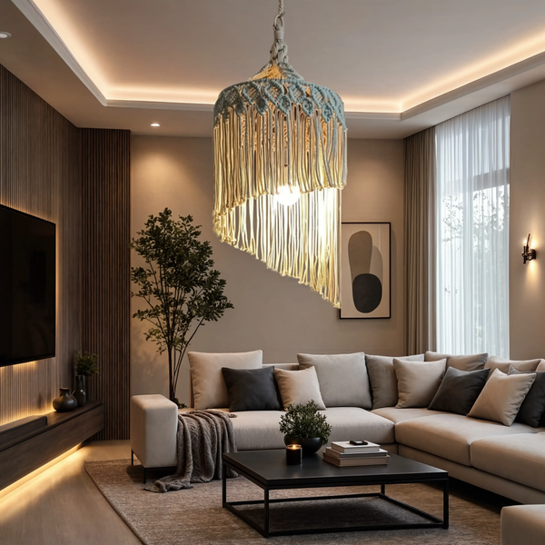 Abat-jour macramé Soleia lanterne suspendu en salon moderne bohème