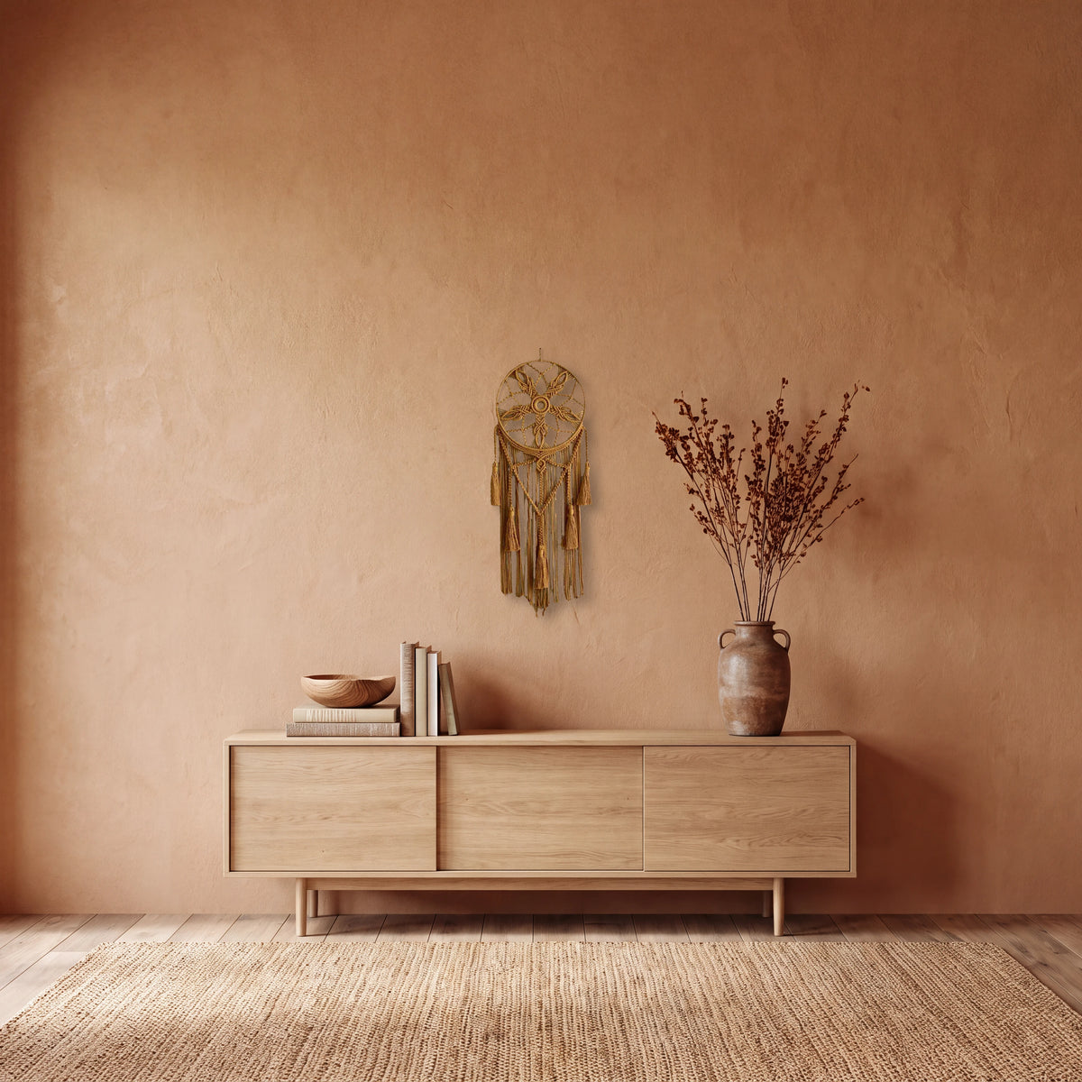 attrape rêve macramé ocre à fleur et glands, accroché au mur terracotta d'un salon, au-dessus d'un buffet en chêne