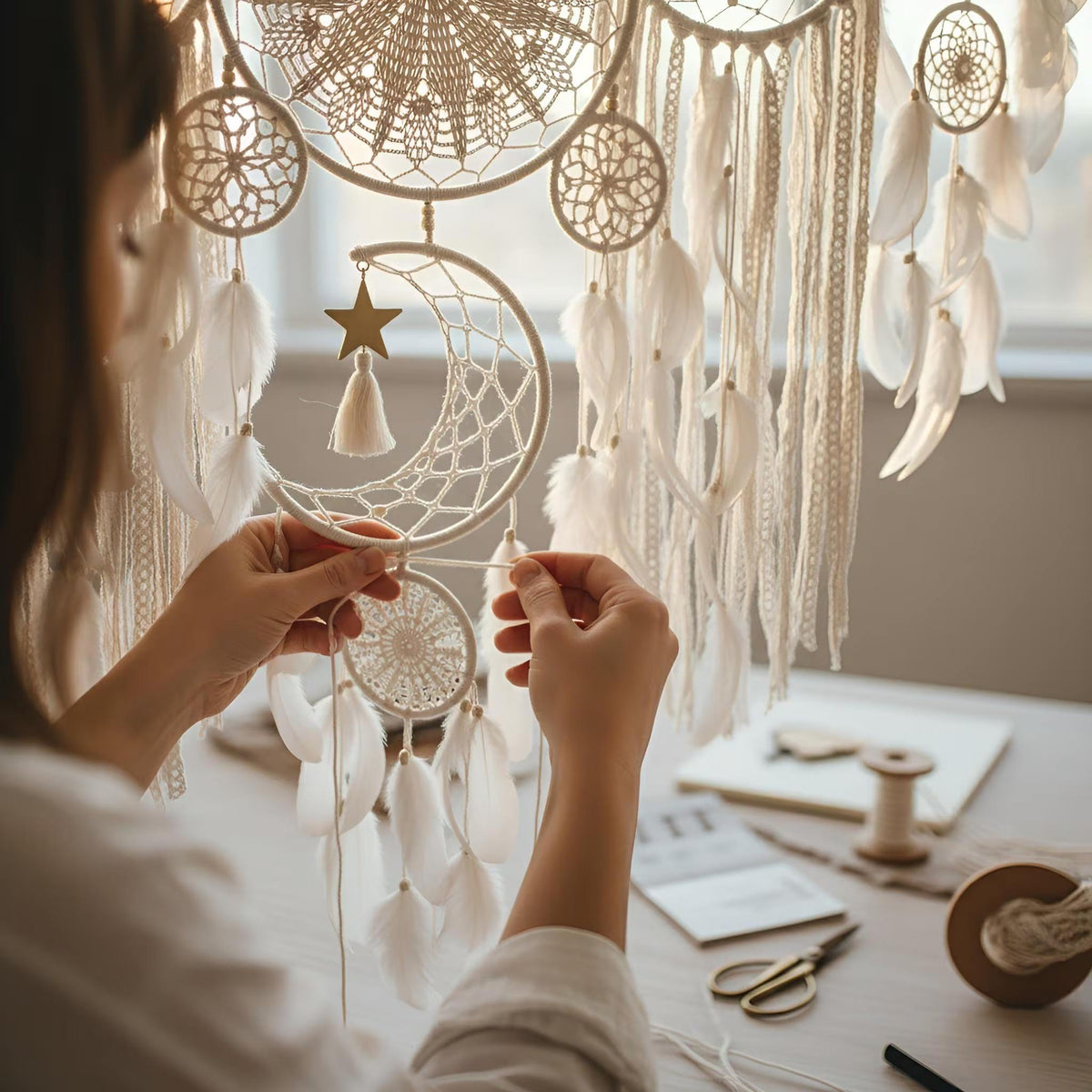 Attrape-rêve macramé blanc lune — photo lifestyle