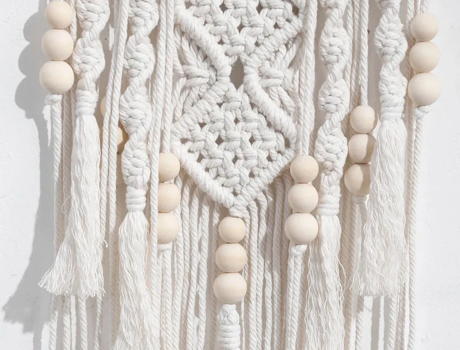 attrape rêve macramé - noeuds en losange et perles de bois