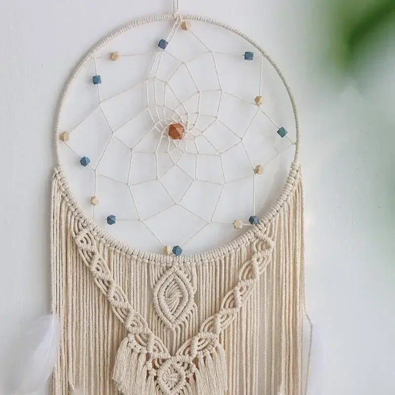 attrape rêve macramé - cerceau avec toile tissée et perles en bois