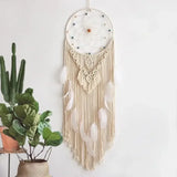 attrape rêve macramé - attrape-rêve en macramé écru accroché au mur, avec cactus et ficus en pot