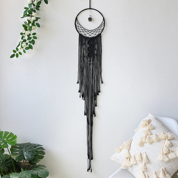 attrape rêve noir - cerceau rond noir à filet et cristal noir