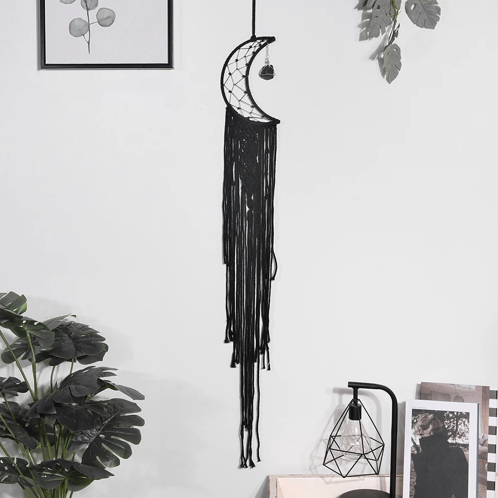 attrape rêve noir - croissant de lune noir à perles et cristal noir