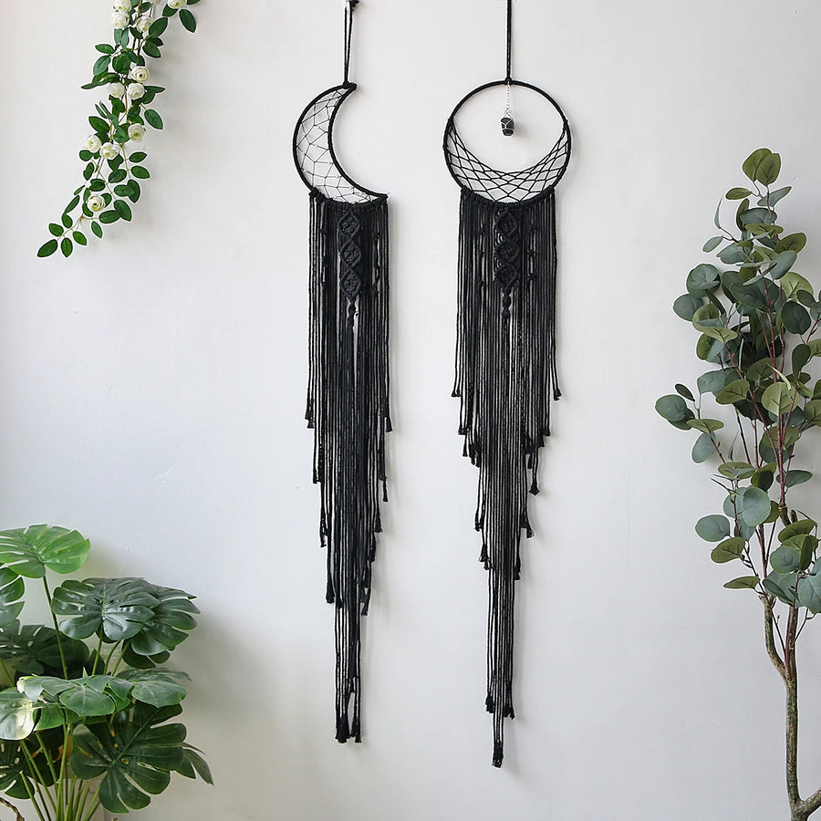 attrape rêve noir - duo d'attrape-rêves noirs, lune et rond à filet