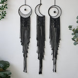 attrape rêve noir - trio de trois attrape-rêves noirs, rond à filet, lune et rond à rayons, cristal noir