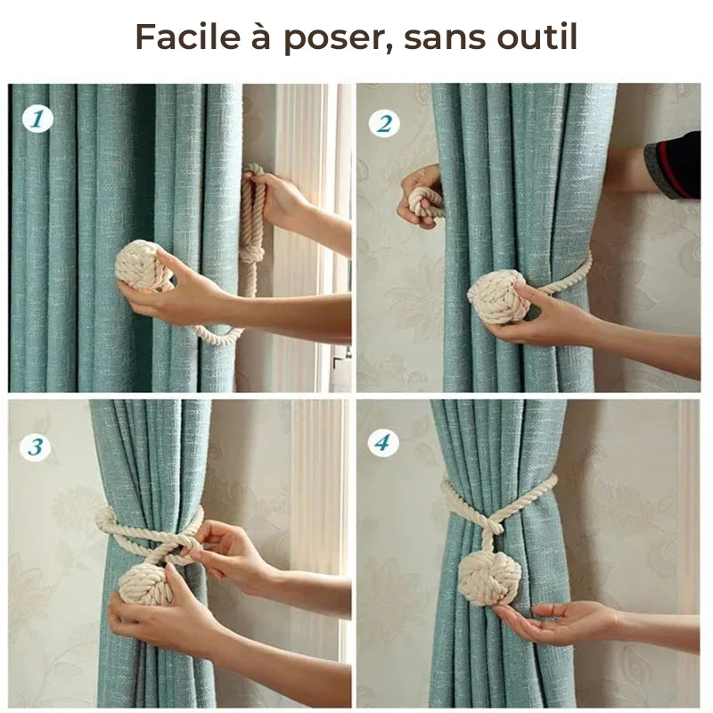 Embrasse rideau boule en corde de coton - pose de l'embrasse en quatre étapes, facile à poser et sans outil