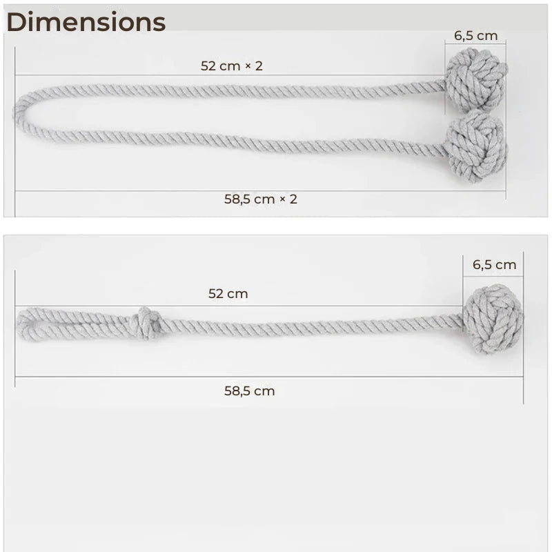 Embrasse rideau boule en corde de coton - schéma des dimensions en cm, corde de 52 cm et boule de 6,5 cm