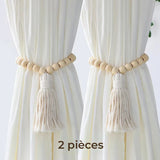 Embrasse rideau perles en bois et pompon en coton - lot de 2