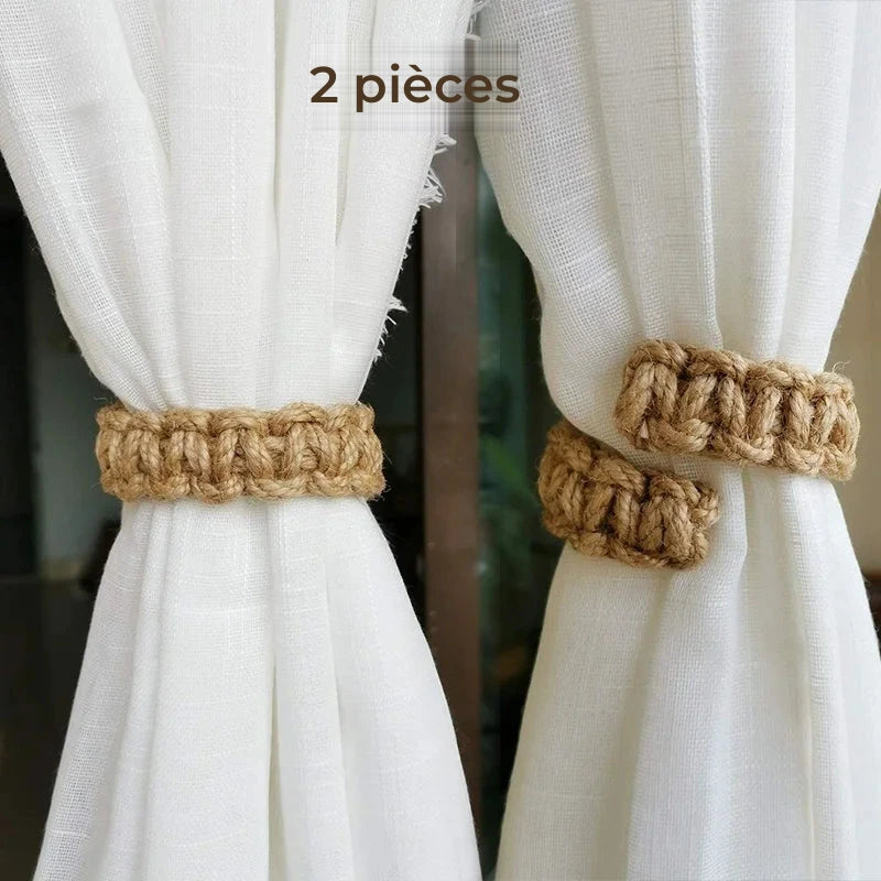 Embrasse rideau manchette macramé - lot de 2 manchettes en corde naturelle autour d'un rideau blanc