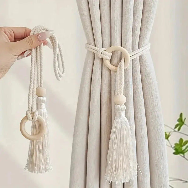 Embrasse rideau pompon anneau bois coton lot 2 – Rinova