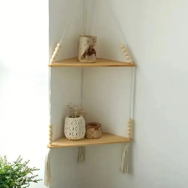 Étagère d'angle suspendue macramé bois — 2 tablettes décoration rustique, branche naturelle