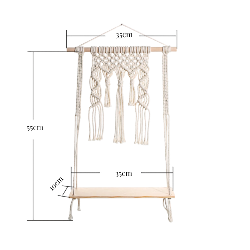 Étagère macramé arches et franges — infographie dimensions : hauteur 55 cm, tablette 35 × 10 cm, fond blanc