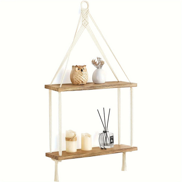 étagère murale 2 niveaux - étagère en bois et cordon écru avec hibou, vase, bougies et diffuseur