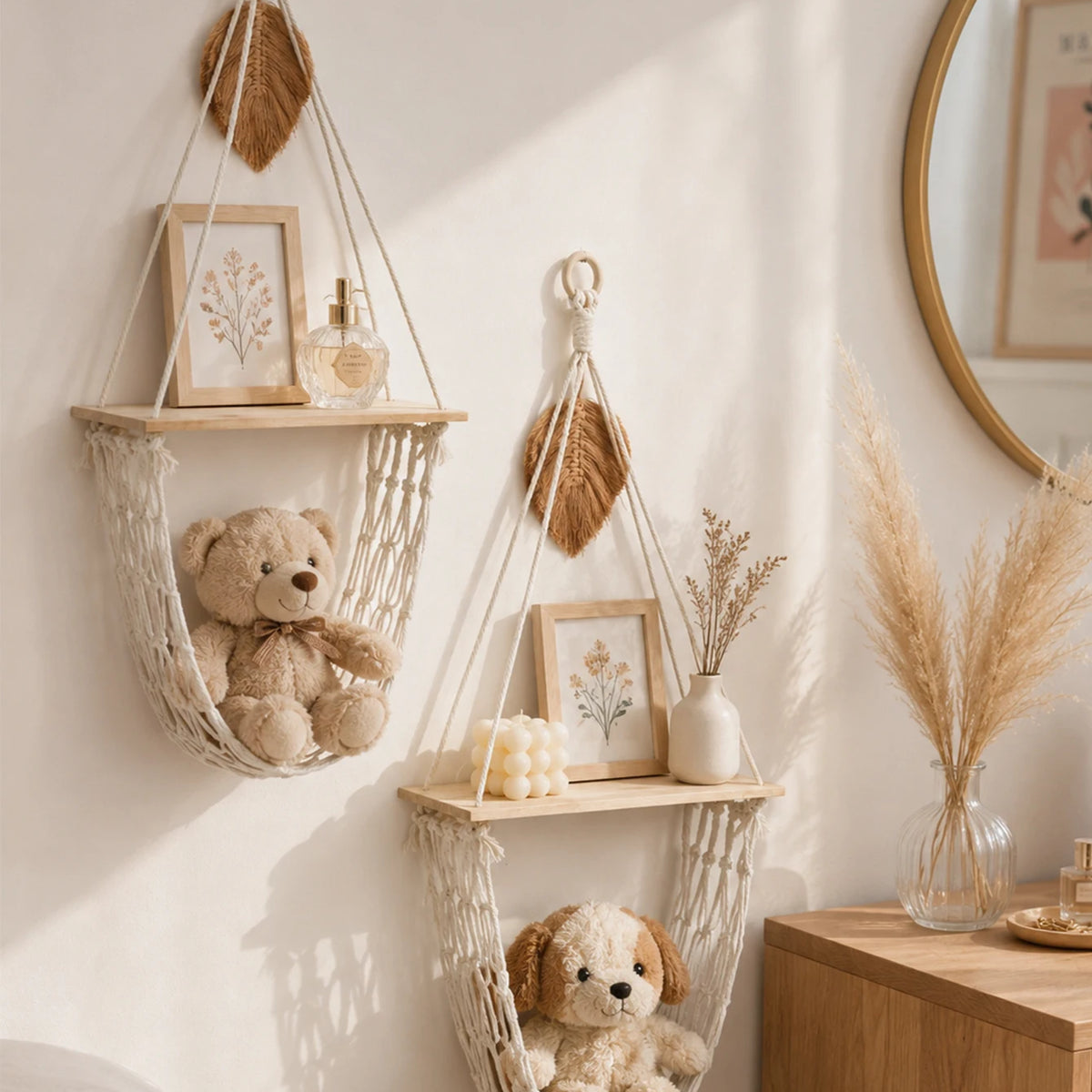 étagère murale suspendue - lot de 2 étagères murales suspendues avec feuille en macramé et ourson en peluche