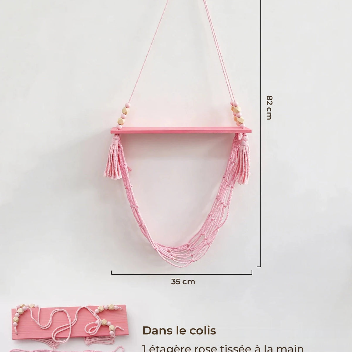 étagère murale suspendue - étagère murale suspendue rose avec filet rose et glands, 82 cm de haut