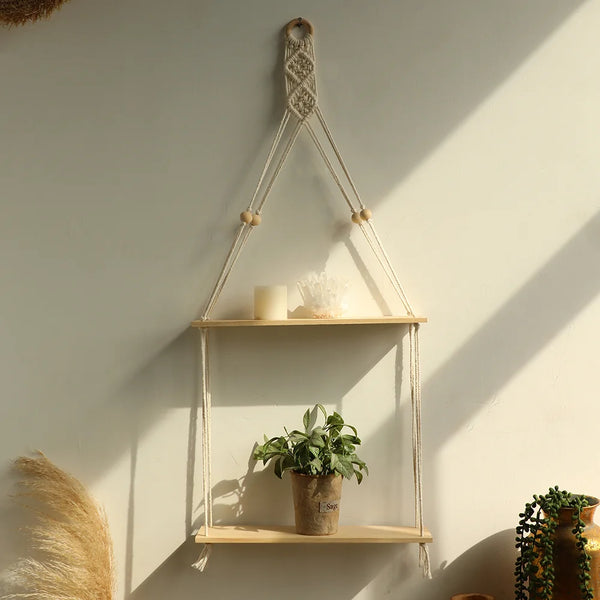 étagère suspendue bois - étagère à 2 niveaux avec cordons en macramé et perles en bois
