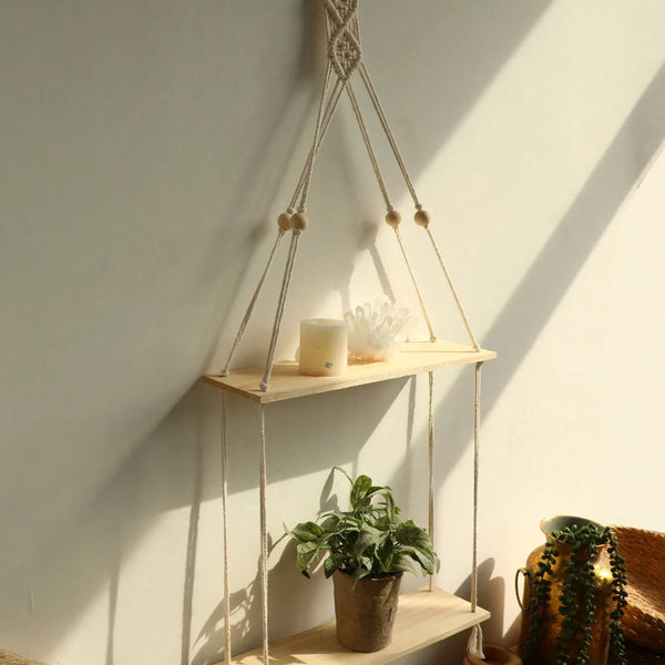étagère suspendue corde - suspension en macramé avec anneau en bois et perles