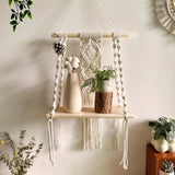 Étagère suspendue macramé Nala — décor coton et fougère, motif losange
