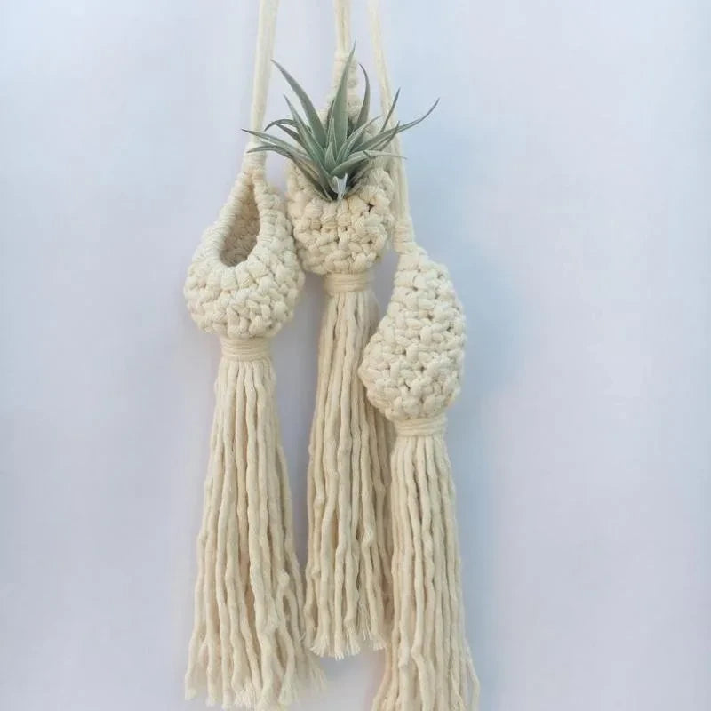 Porte plante macramé - trois pièces en goutte, chacune avec une plante aérienne et des glands de cordes sur un mur clair