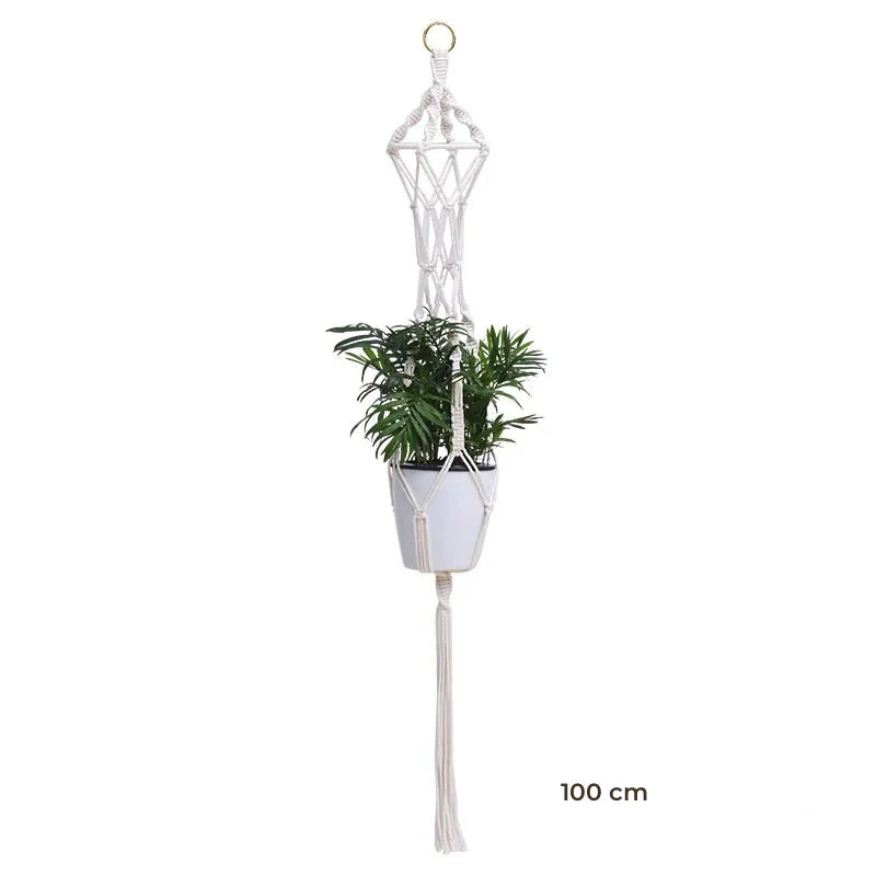 Porte-plante suspendu macramé - modèle blanc de 100 cm à anneau et losange, pot blanc