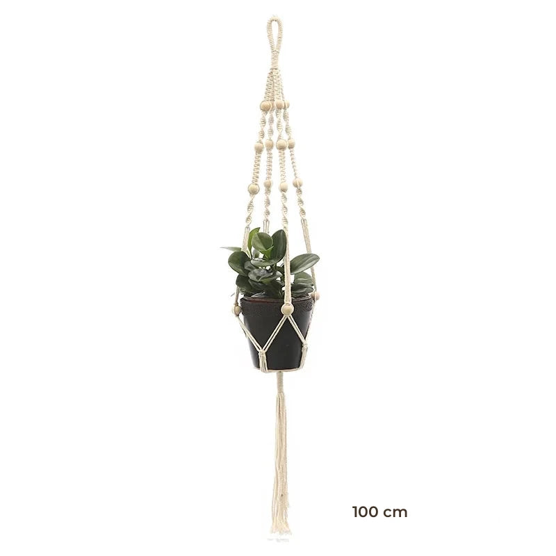 Porte-plante suspendu macramé - modèle de 100 cm à boucle et perles de bois, pot noir