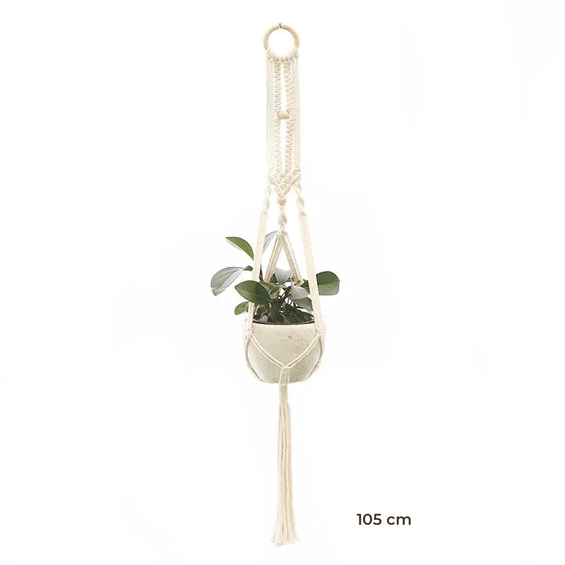 Porte-plante suspendu macramé - modèle de 105 cm à anneau de bois et bande tissée