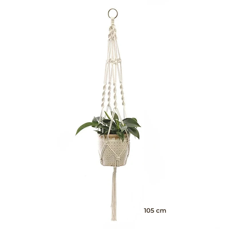 Porte-plante suspendu macramé - modèle de 105 cm à anneau et croisillons, pot beige