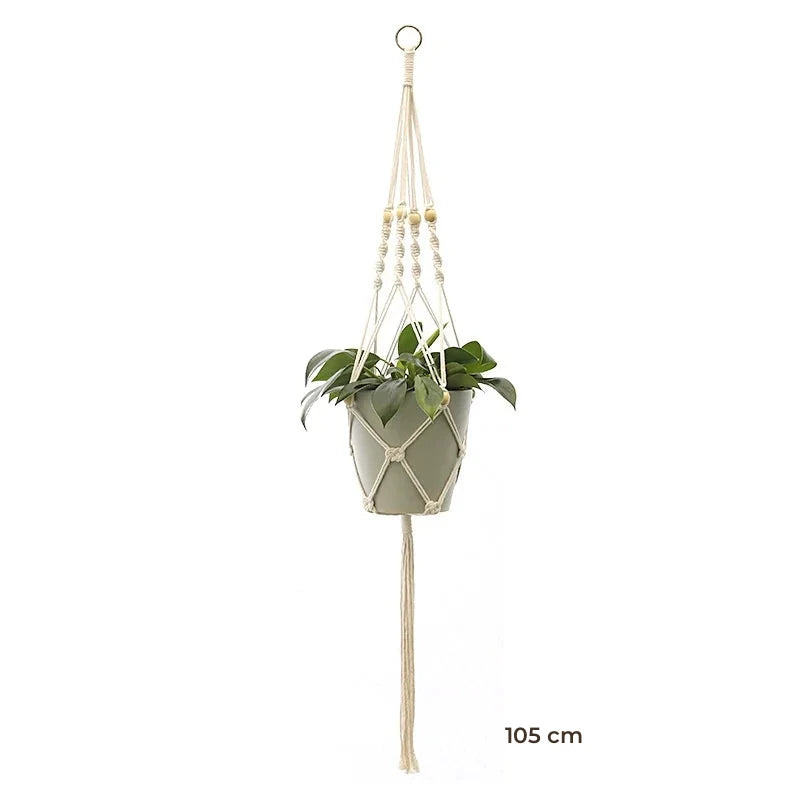 Porte-plante suspendu macramé - modèle de 105 cm à anneau et perles de bois, pot vert