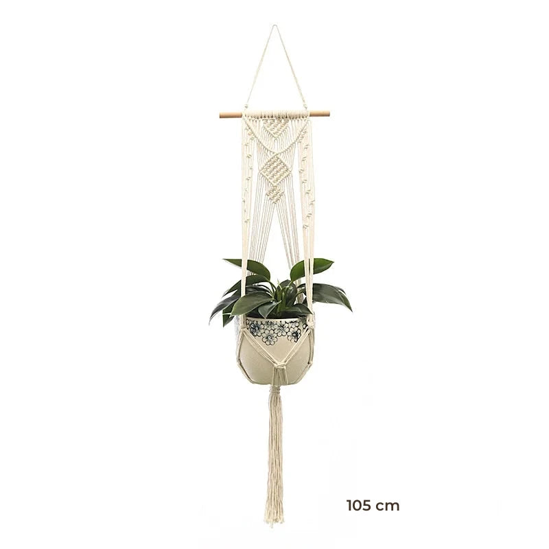 Porte-plante suspendu macramé - modèle de 105 cm à bâton de bois, façon tenture