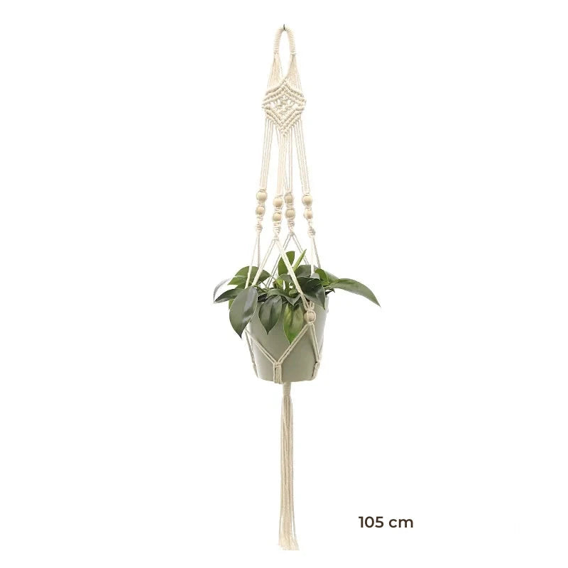 Porte-plante suspendu macramé - modèle de 105 cm à boucle, losange et perles de bois