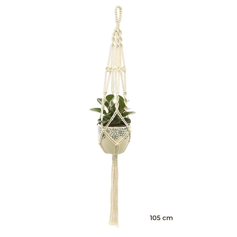 Porte-plante suspendu macramé - modèle de 105 cm à boucle et torsade, pot beige