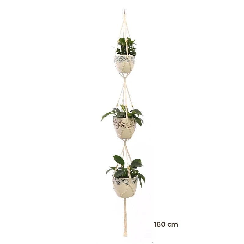 Porte-plante suspendu macramé - modèle triple de 180 cm pour trois pots