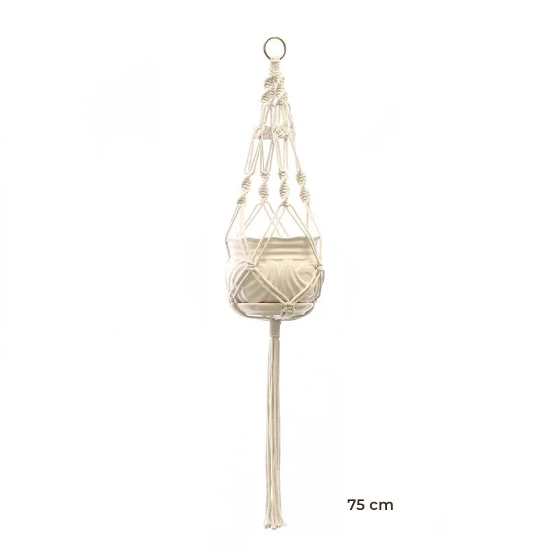 Porte-plante suspendu macramé - modèle de 75 cm à anneau et filet ajouré
