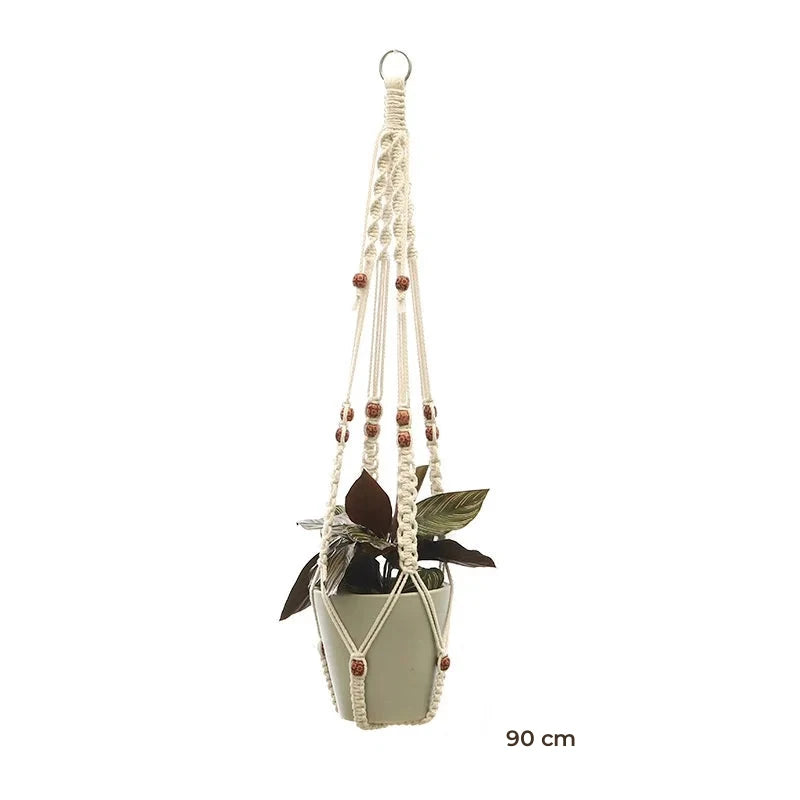 Porte-plante suspendu macramé - modèle de 90 cm à anneau et perles brunes, pot vert