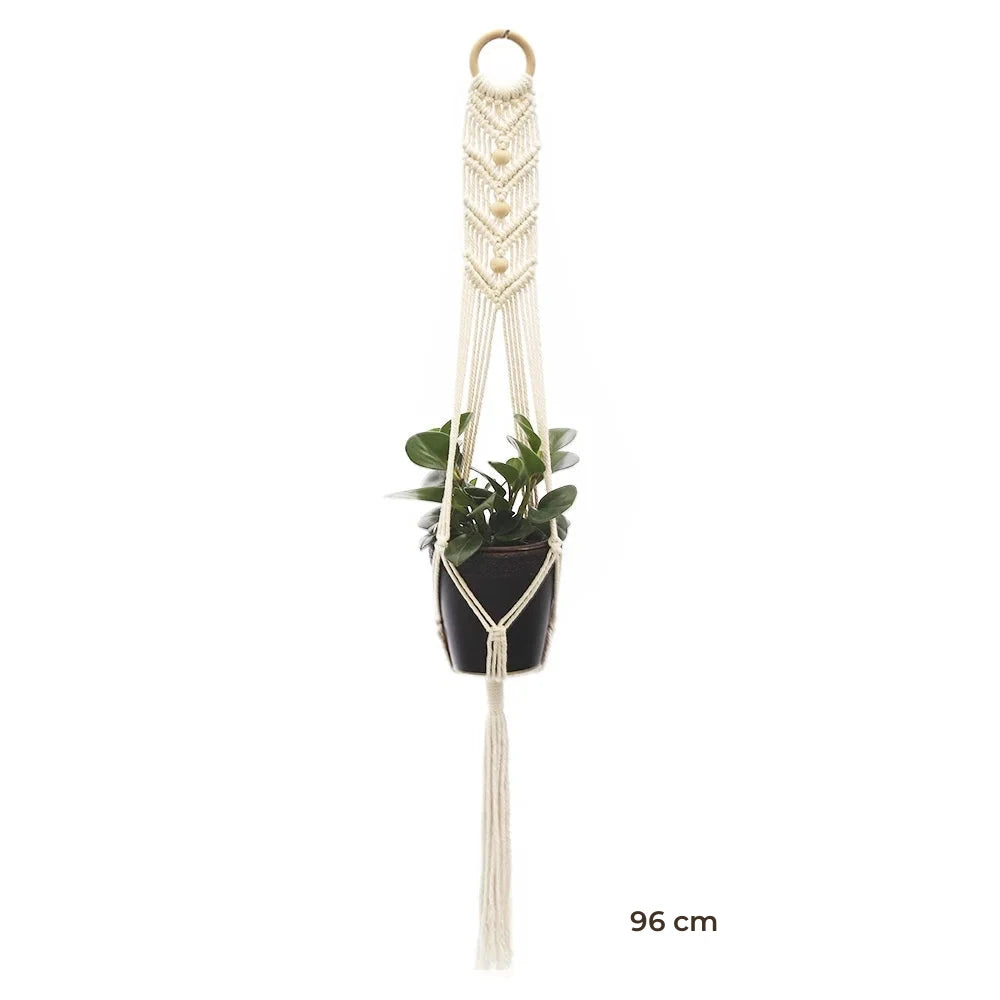Porte-plante suspendu macramé - modèle de 96 cm à anneau de bois et chevrons, pot noir