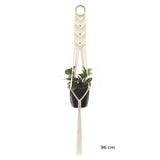 Porte-plante suspendu macramé - modèle de 96 cm à anneau de bois et chevrons, pot noir